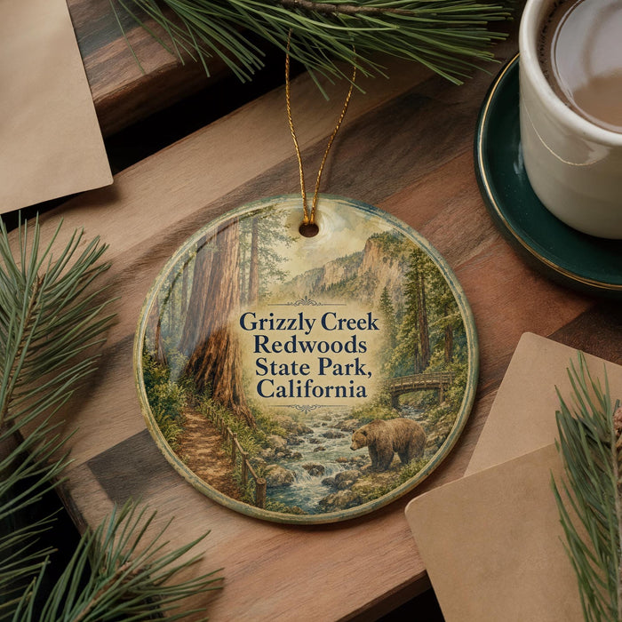 A decorative ornament featuring a scenic image of Grizzly Creek in Redwoods State Park, California.