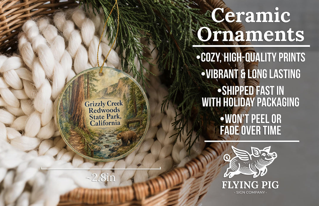 Ceramic ornaments featuring a scenic image of Grizzly Creek and Redwoods State Park, California, hanging from a wicker basket.