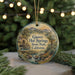 A round ornament with a scenic image of Grover Hot Springs State Park, California, hanging from a string.