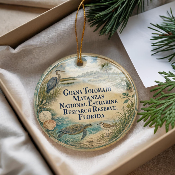 A round ornament with a tropical beach scene and text, hanging from a string.