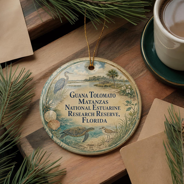 A round ornament with a beach scene and a bird is displayed on a wooden surface, accompanied by a cup of coffee and some papers.