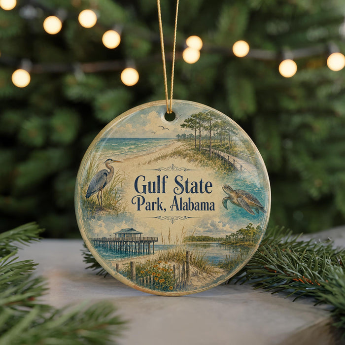 A round ornament with a beach scene and a bird, featuring the text "Gulf State Park, Alabama" on it, is displayed on a table with pine branches in the background.