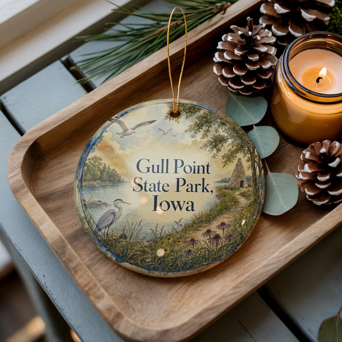 A wooden tray with a decorative ornament featuring a scenic landscape of a lake, trees, and birds, along with pine cones and a lit candle.