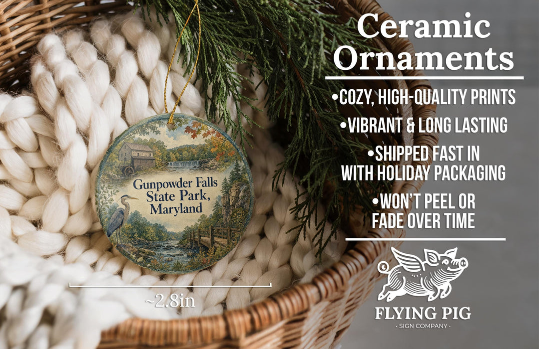 Ceramic ornaments, featuring a detailed illustration of Gunpowder Falls State Park, Maryland, hanging from a wicker basket.