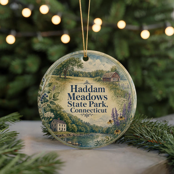 A round ornament with a scenic landscape of Hadham Meadows State Park, Connecticut, featuring a barn, trees, and a river.
