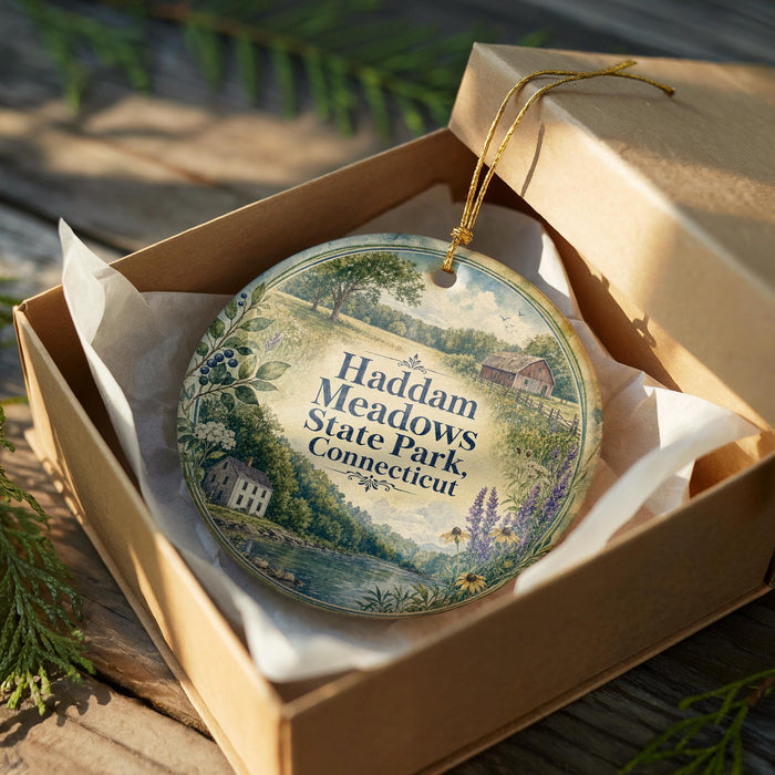 A decorative ornament in a wooden box, featuring a scenic landscape with a house, trees, and a river.