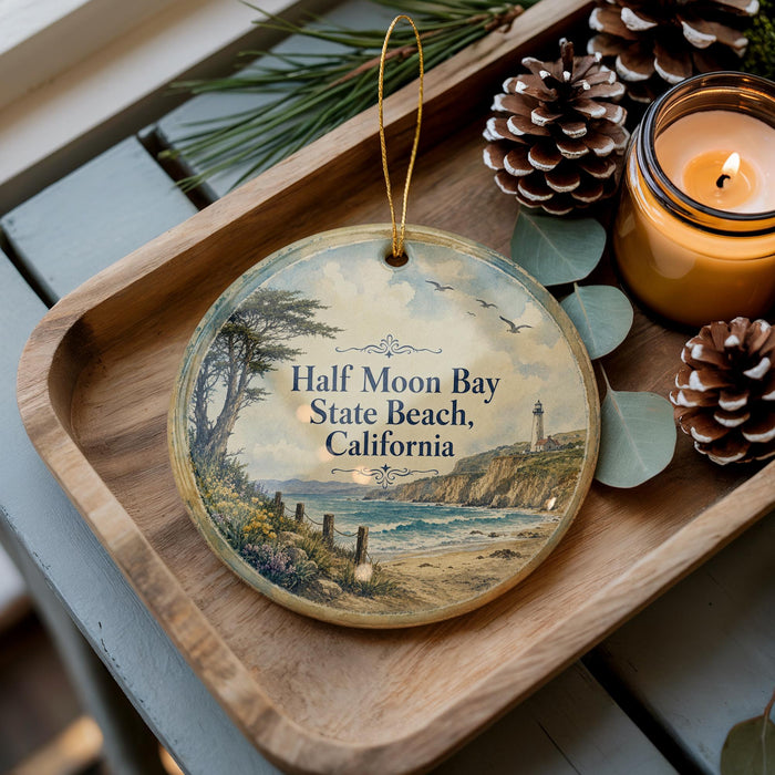 A wooden tray with a decorative ornament featuring a scenic image of Half Moon Bay State Beach, California, and a candle on a table.