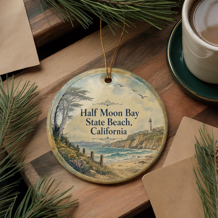 A round ornament with a scenic image of Half Moon Bay, State Beach, California, hangs on a wooden surface.