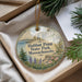 A round ornament with a scenic image of Halibut Point State Park, Massachusetts, hanging from a string.