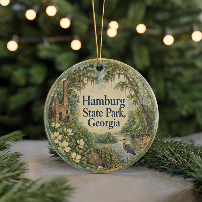 A round ornament with a scenic image of Hamburg State Park, Georgia, featuring a bird, a river, and a building.