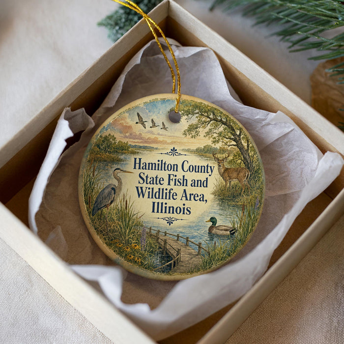 A decorative ornament in a white box, featuring a scenic landscape with birds, a deer, and a pond.