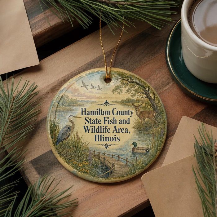 A decorative ornament featuring a serene scene of birds, a deer, and a pond, with the text "Hamilton County State Fish and Wildlife Area, Illinois" prominently displayed.