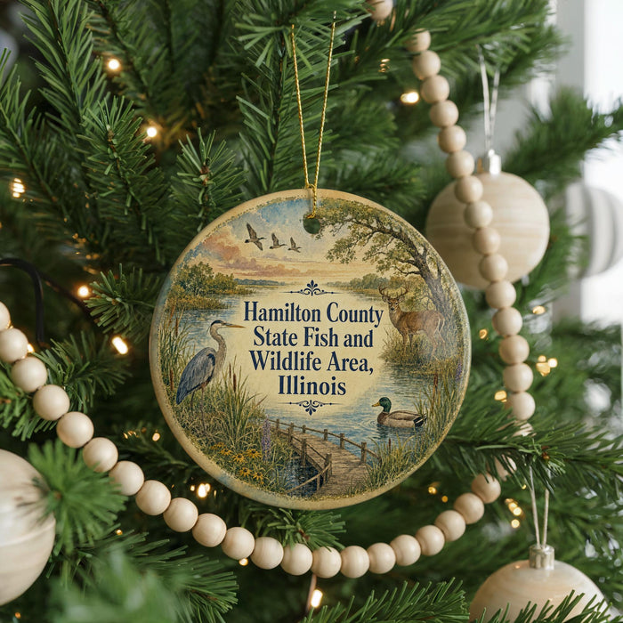 A round ornament hanging on a Christmas tree, featuring a scenic landscape with birds, a bridge, and a body of water.