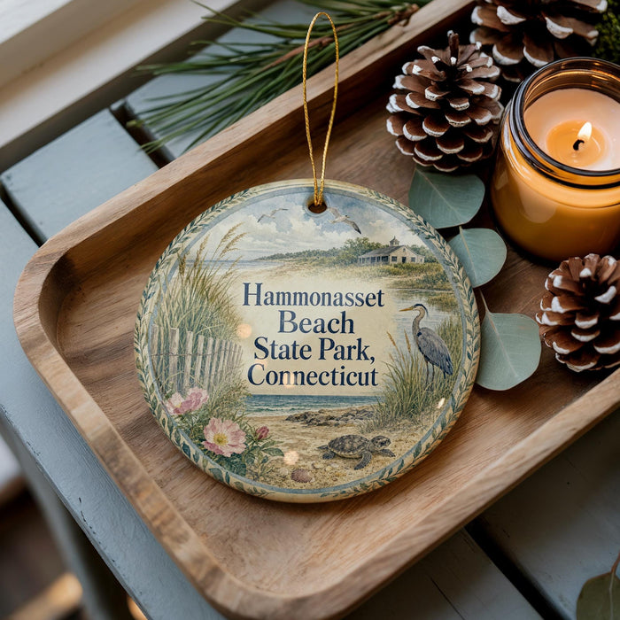A decorative ornament with a beach scene and a bird is displayed on a wooden tray, accompanied by pine cones and a lit candle.