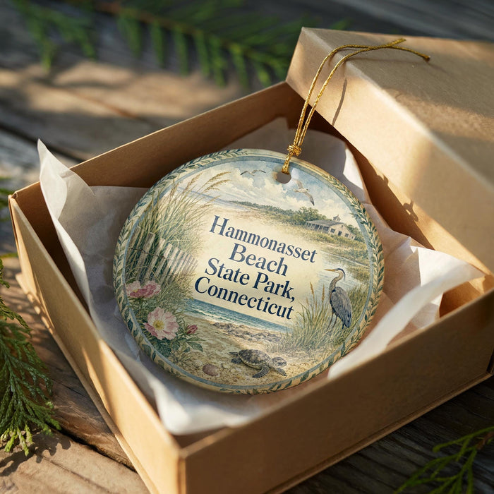 A decorative ornament in a wooden box, featuring a beach scene with a bird and flowers, and the text "Hammonasset Beach State Park Connecticut".