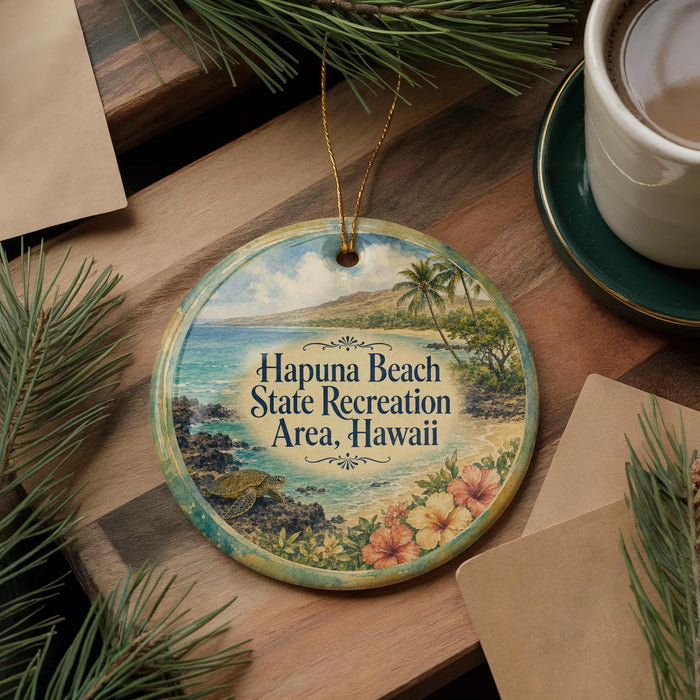 A decorative ornament with a tropical beach scene, featuring palm trees, flowers, and a body of water, hangs on a wooden surface.