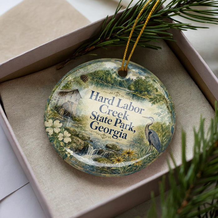 A decorative ornament in a box, featuring a scenic image of Hard Labor Creek State Park in Georgia.