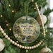 A round ornament hanging on a Christmas tree, featuring a scenic image of Hard Labor Creek State Park, Georgia.
