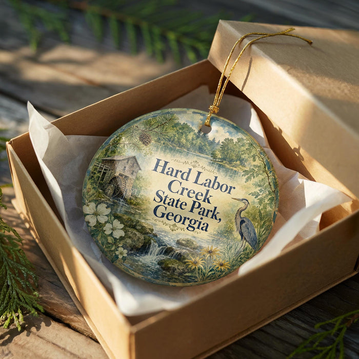 A decorative ornament in a wooden box, featuring a scenic image of Hard Labor Creek State Park in Georgia.