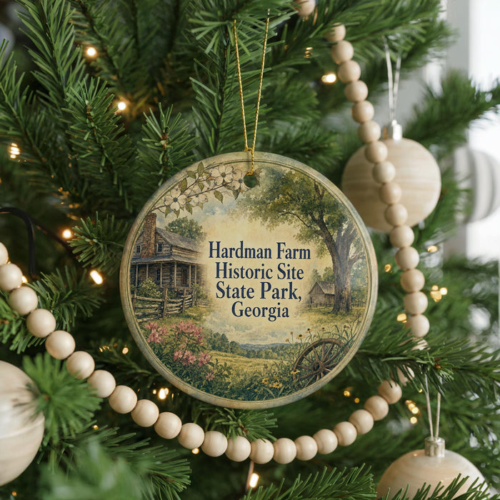 A round ornament hanging on a Christmas tree, featuring a scenic image of a historic farm and a house surrounded by trees and flowers.