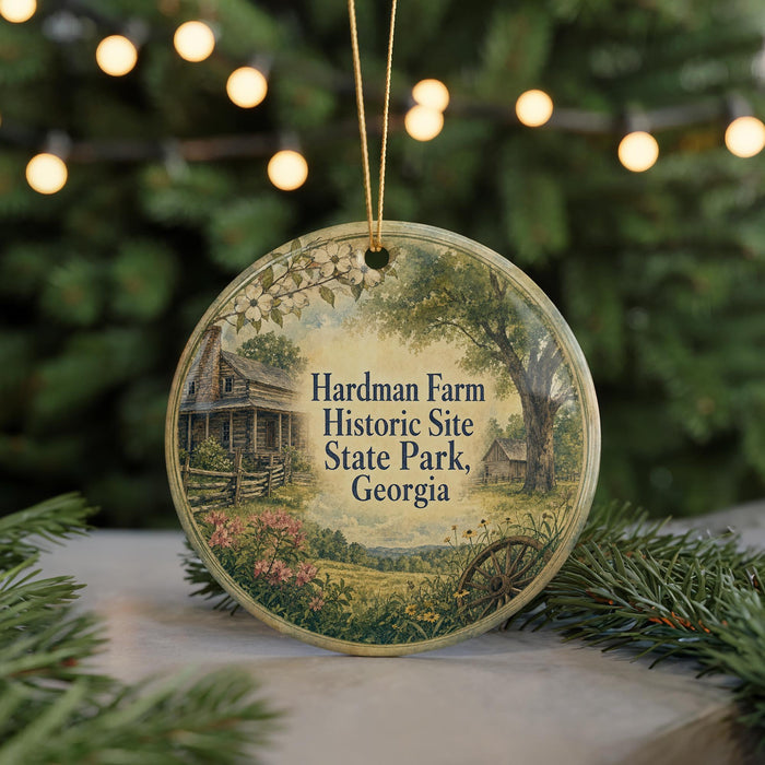 A round ornament with a painting of a cabin and a field, surrounded by greenery, hangs in front of a blurred background with twinkling lights.