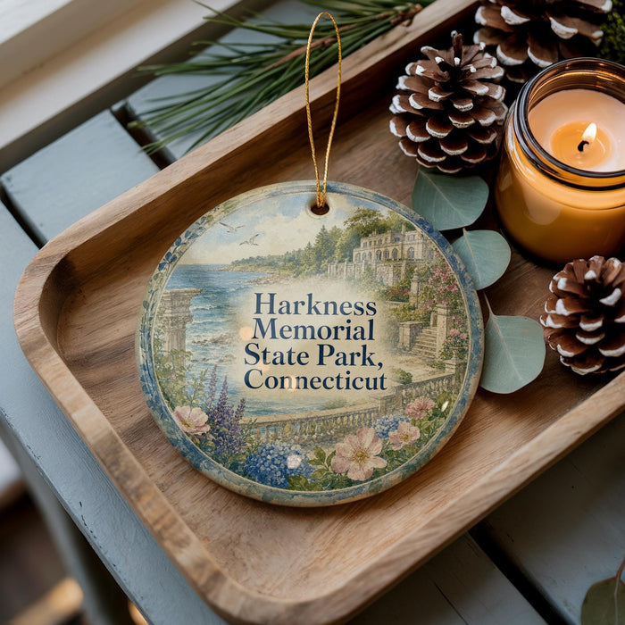 A wooden tray with a decorative ornament featuring a scenic landscape, including a house and a body of water, surrounded by pine cones and a lit candle.
