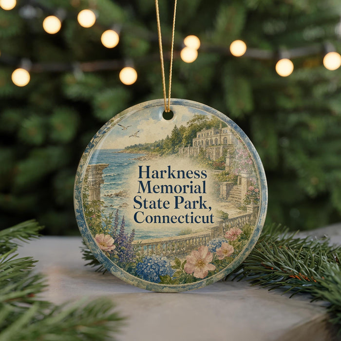 A round ornament with a scenic image of Harkness Memorial State Park, Connecticut, hanging from a string.