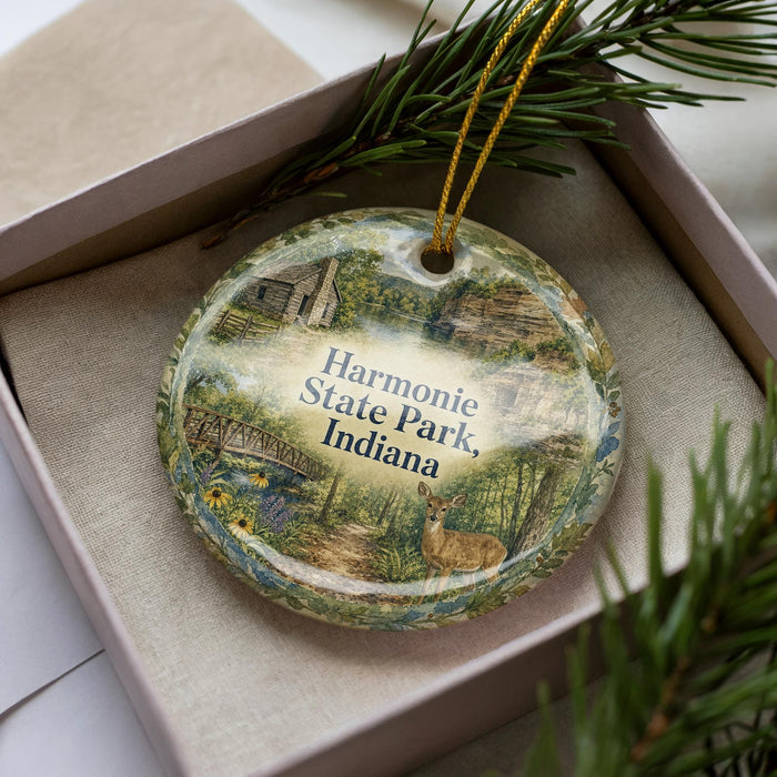 A decorative ornament in a box, featuring a scenic image of a park with a deer, a bridge, and a forest.