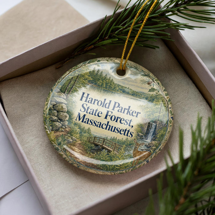 A round ornament with a scenic image of the state park of Massachusetts, featuring a forest, a waterfall, and a bridge.