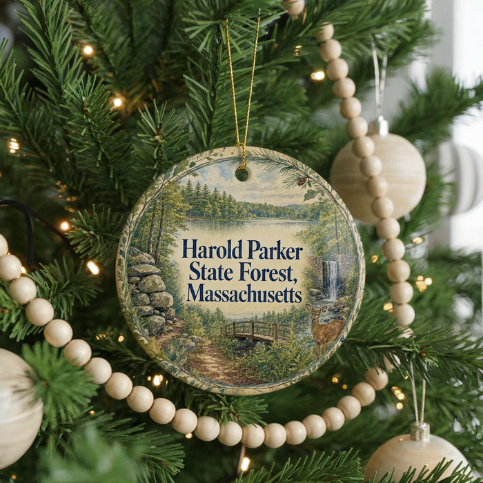A round ornament hanging on a Christmas tree, featuring a scenic landscape with a bridge and trees.