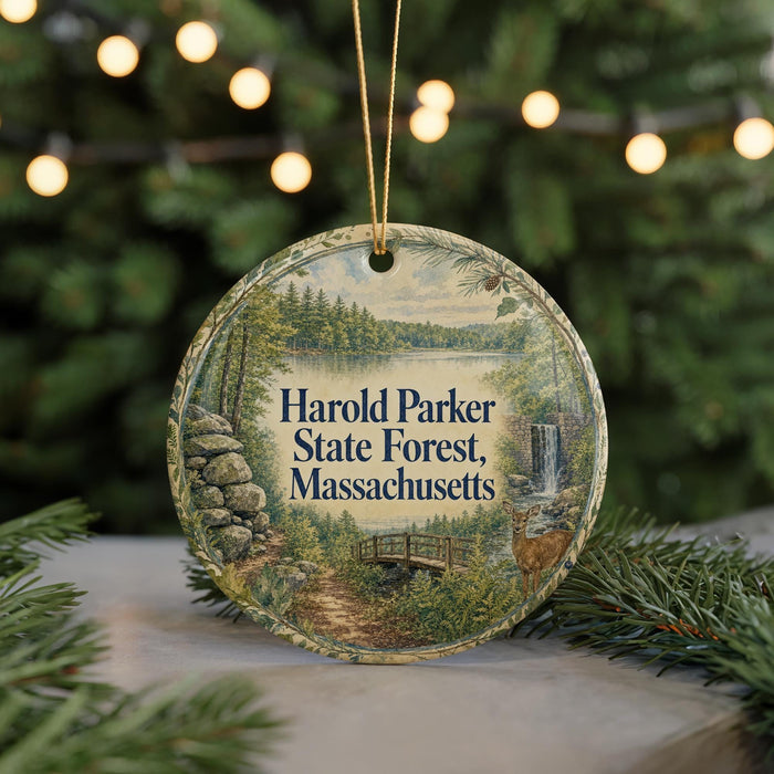 A round ornament with a scenic image of a forest and a waterfall, hanging from a string.