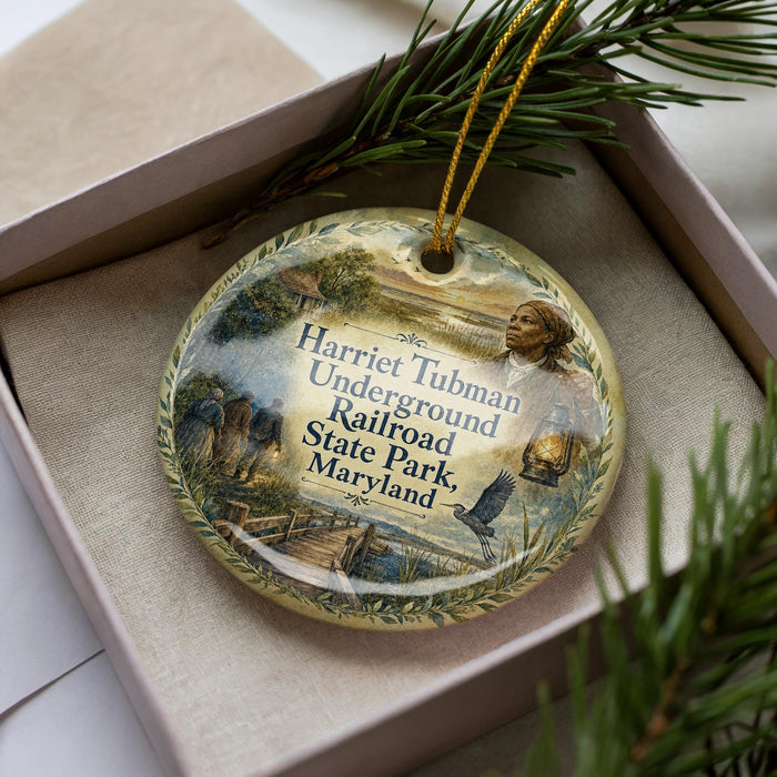 A decorative ornament in a box, featuring an illustration of Harriet Tubman and the words "Harriet Tubman Underground Railroad State Park, Maryland".