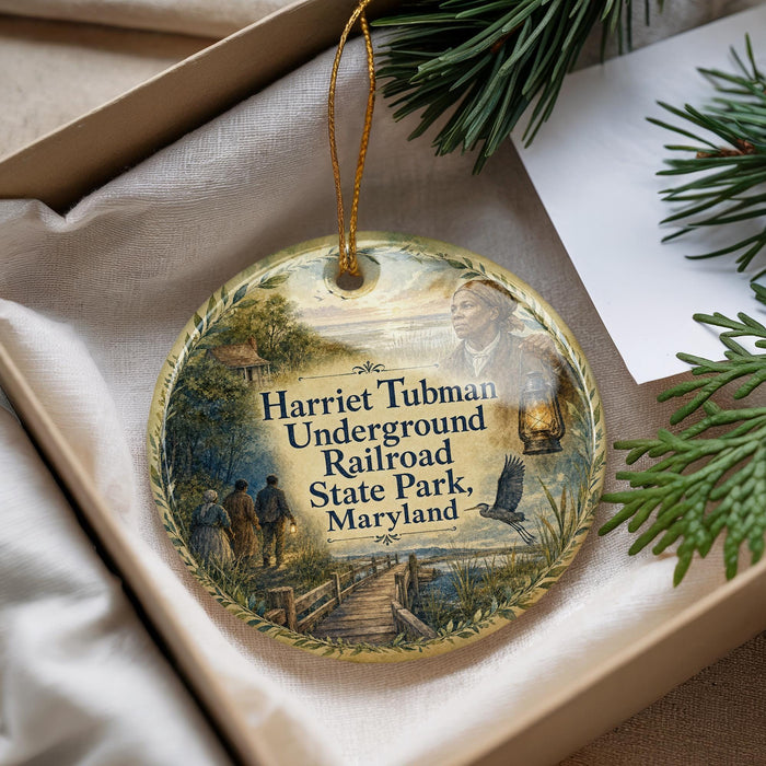 A decorative ornament with a picture of Harriet Tubman, the Underground Railroad, and a lantern, placed in a box with pine branches.