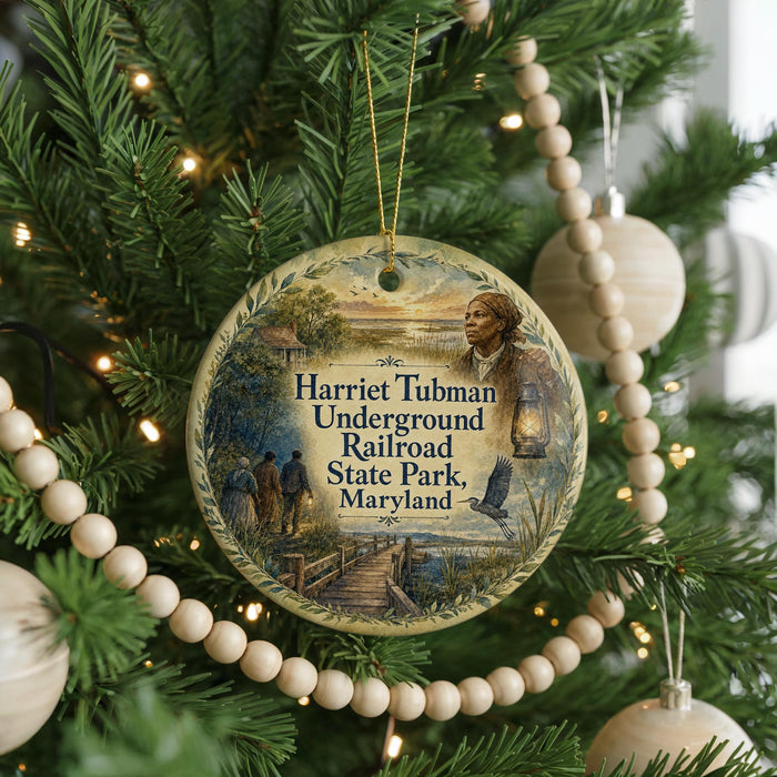 A Christmas tree ornament featuring a painting of Harriet Tubman, the Underground Railroad, and the State Park in Maryland.