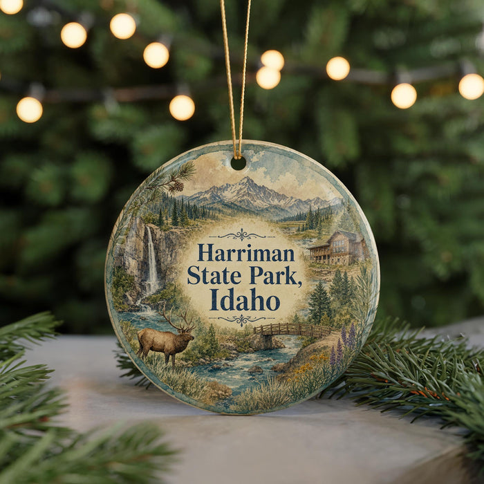 A round ornament with a scenic landscape of Harriman State Park, Idaho, featuring a waterfall, pine trees, and a deer.