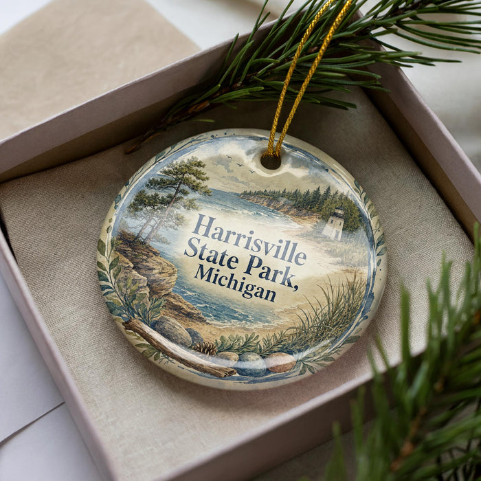 A decorative ornament in a box, featuring a scenic landscape with a lighthouse and trees, with the text "Harrisville State Park, Michigan" printed on it.