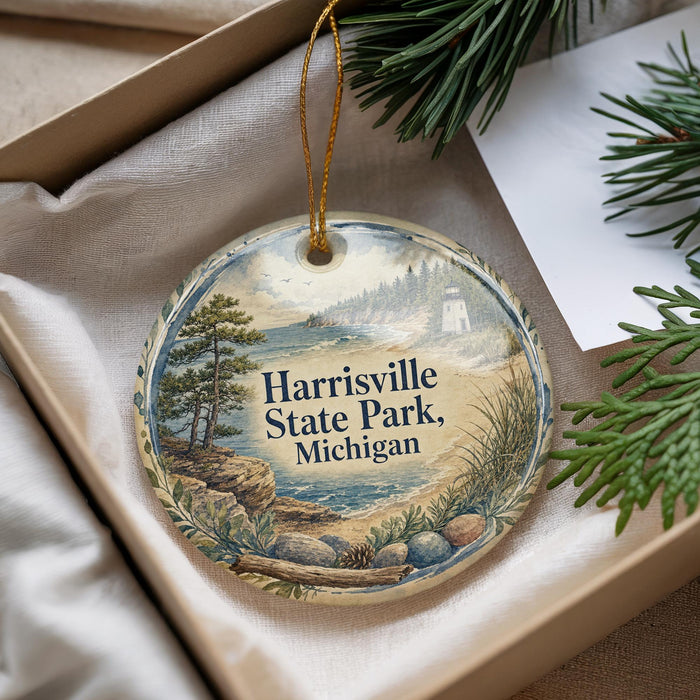 A decorative ornament with a scenic landscape of Harrisville State Park, Michigan, featuring a lighthouse and pine trees.
