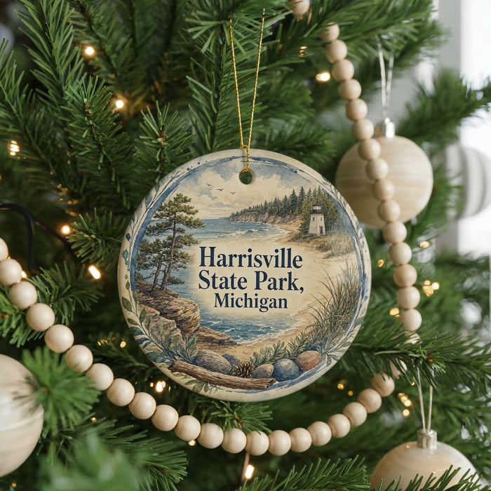 A round ornament on a Christmas tree, featuring a scenic landscape with a lighthouse and a body of water.