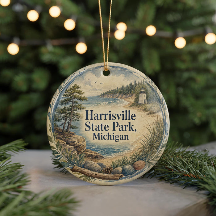 A decorative ornament featuring a scenic landscape with a lighthouse, trees, and a body of water, hanging on a string.