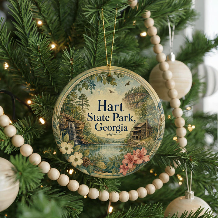 A round ornament hanging on a Christmas tree, featuring a scenic landscape with a waterfall and a cabin, surrounded by greenery and beaded ornaments.