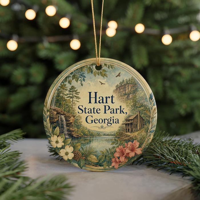 A round ornament with a scenic landscape of Hart State Park, Georgia, featuring a waterfall, pine trees, and a cabin.
