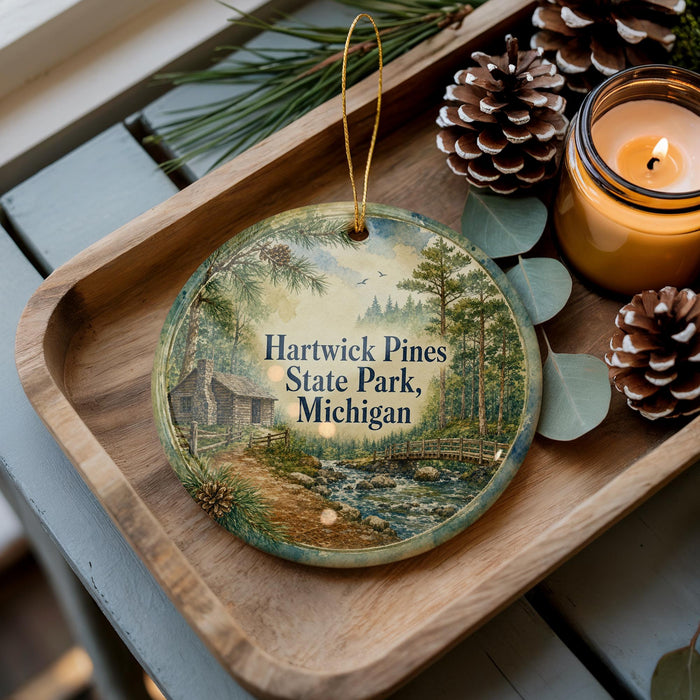 A wooden tray with a decorative ornament featuring a scenic image of Hartwick Pines State Park, Michigan, along with pine cones and a lit candle.
