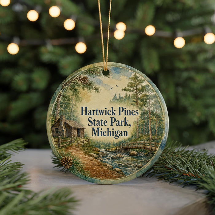 A round ornament with a painting of a cabin and a forest scene, hanging from a string.