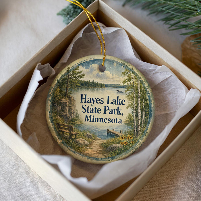 A decorative ornament in a box, featuring a scenic landscape with a lake, trees, and a bench.
