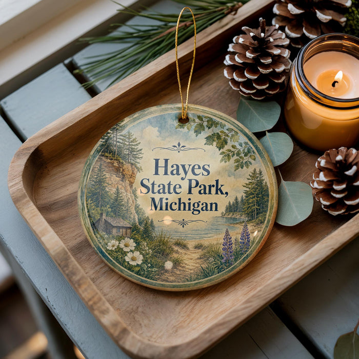 A wooden tray with a decorative ornament featuring a scenic landscape of hayes state park, Michigan, and pine cones.