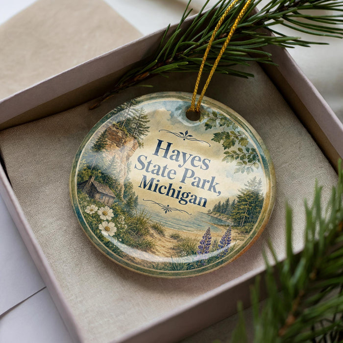 A decorative ornament in a box, featuring a scenic landscape with pine trees, flowers, and a lake.