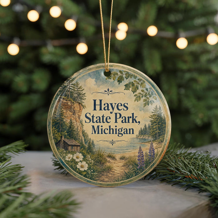 A round ornament with a scenic landscape of a forest and a lake, featuring the text "HAYES STATE PARK, MICHIGAN" on it, is displayed in front of a blurred background with Christmas lights.