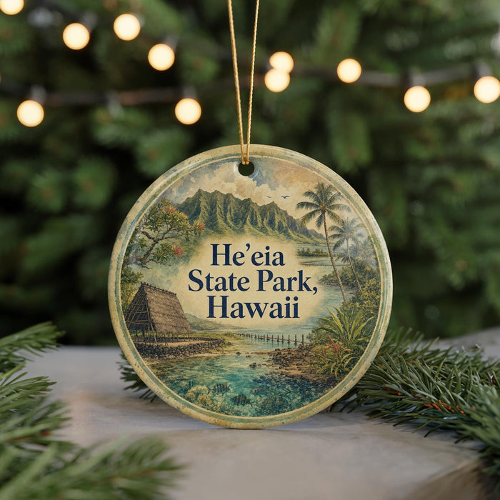 A circular ornament with a scenic image of a tropical landscape, including a beach, mountains, and palm trees, along with the text "He'eia State Park, Hawaii".