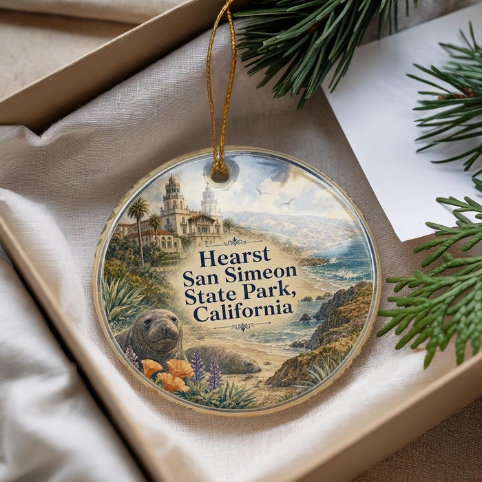 A decorative ornament with a scenic image of San Simeon State Park, California, featuring a castle, palm trees, and a bear.
