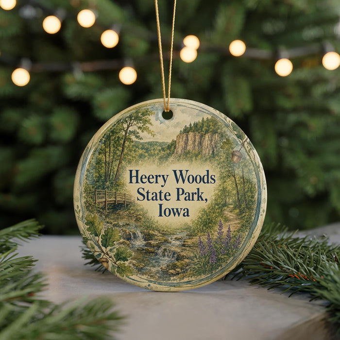 A round ornament with a scenic landscape of Heery Woods State Park, Iowa, featuring a river, trees, and a bridge.